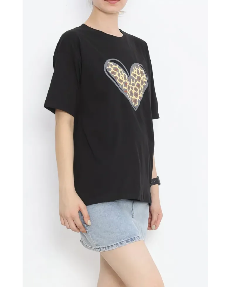 Sevgililer Günü İçin Özel Tasarım Leopar Kalp Baskılı T-shirt - Siyah