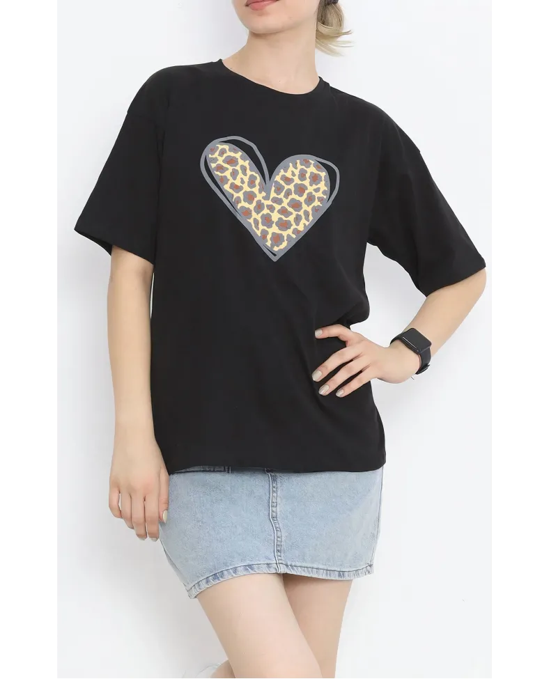 Sevgililer Günü İçin Özel Tasarım Leopar Kalp Baskılı T-shirt - Siyah