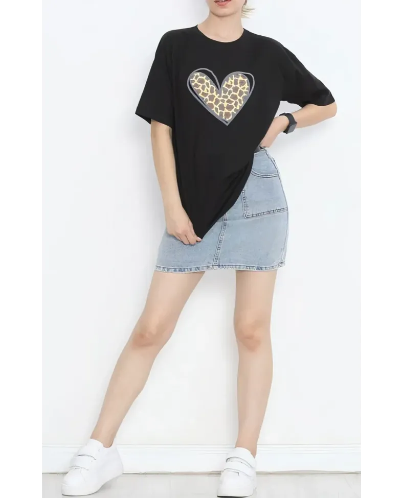 Sevgililer Günü İçin Özel Tasarım Leopar Kalp Baskılı T-shirt - Siyah