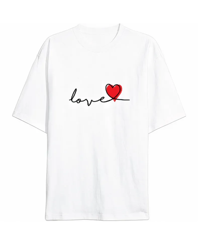 Sevgililer Günü İçin Özel Tasarım Love Baskılı T-shirt - Beyaz
