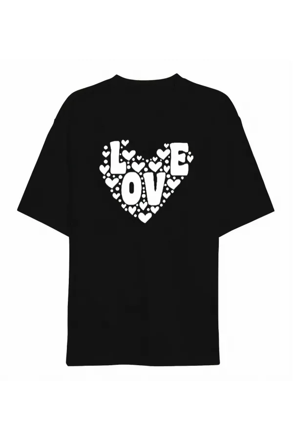 Sevgililer Günü İçin Özel Tasarım Love Kalp Baskılı T-shirt - Siyah