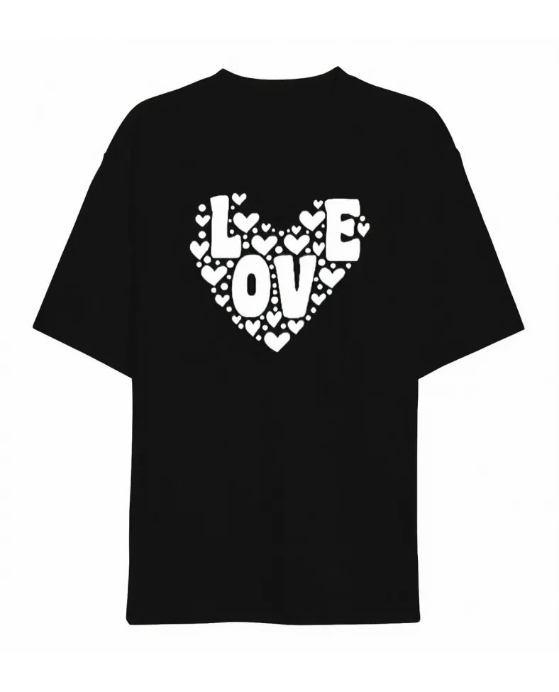 Sevgililer Günü İçin Özel Tasarım Love Kalp Baskılı T-shirt - Siyah