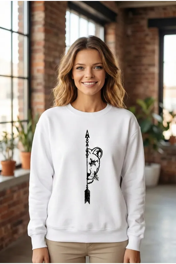 Sevgililer Günü Özel Bisiklet Yaka Aslan Baskılı Oversize Sweatshirt - Beyaz