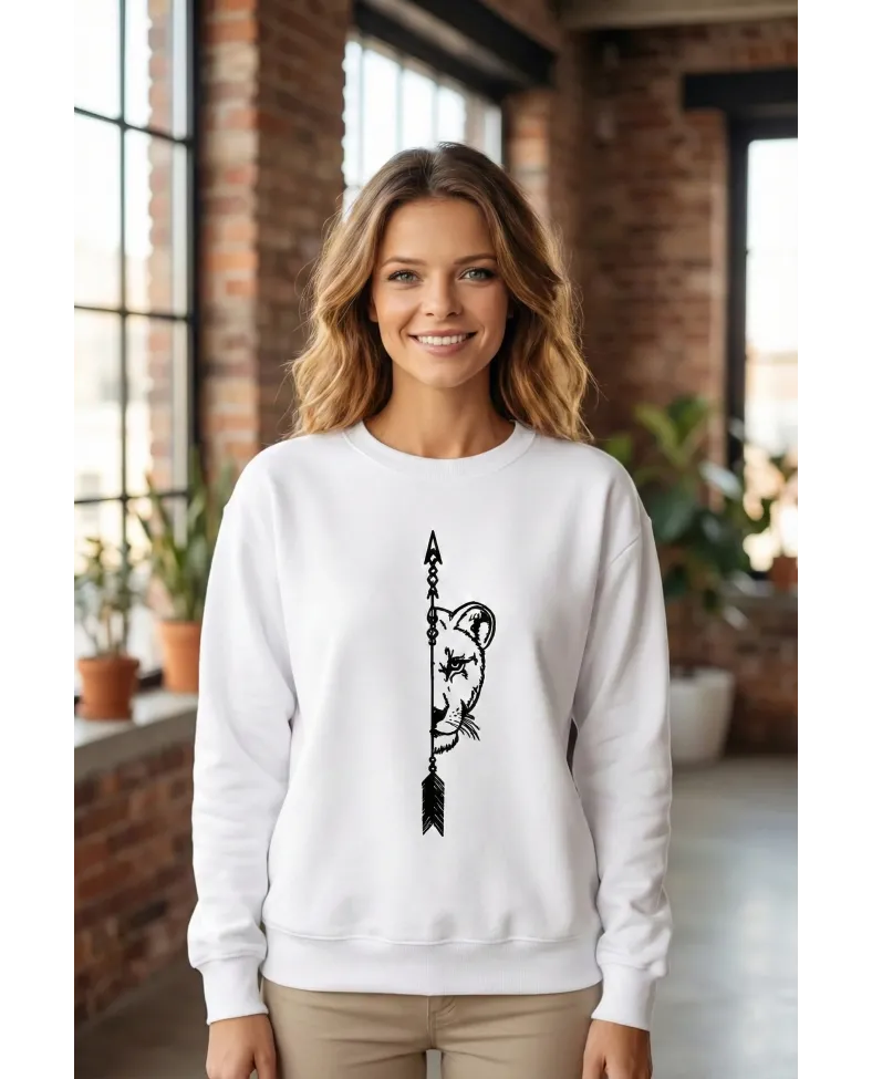 Sevgililer Günü Özel Bisiklet Yaka Aslan Baskılı Oversize Sweatshirt - Beyaz