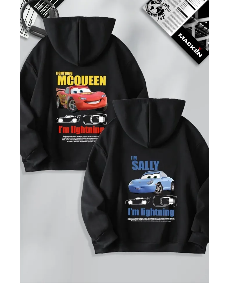 Sevgililer Günü Özel Kapüşonlu Araba Baskılı Oversize Sweatshirt - Siyah