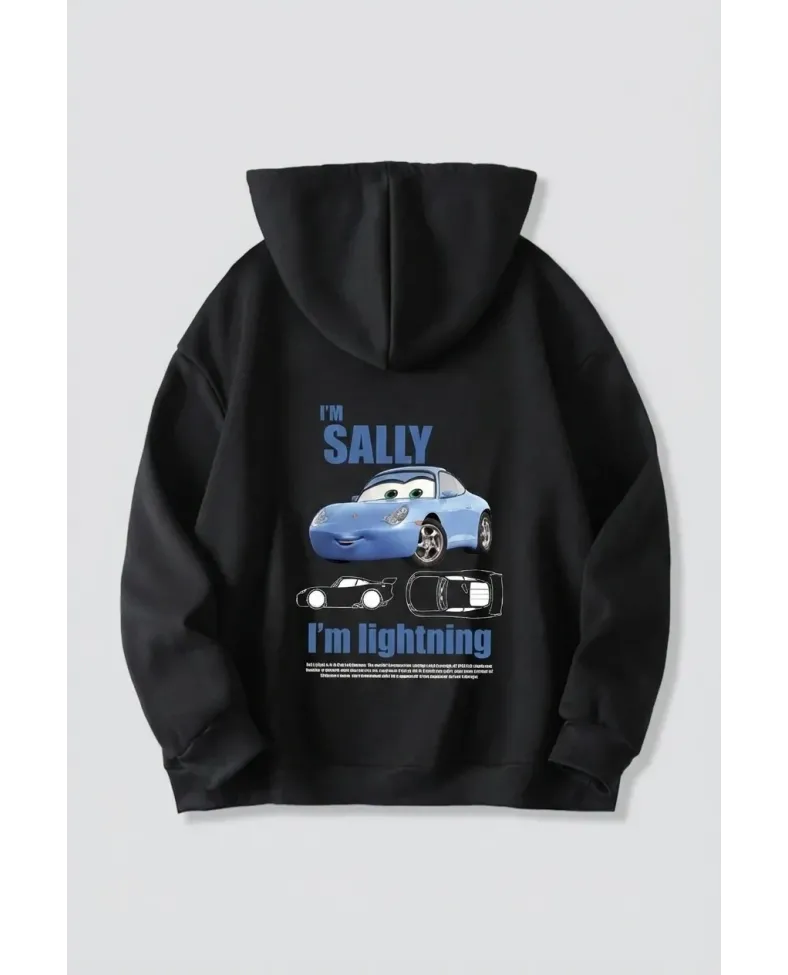 Sevgililer Günü Özel Kapüşonlu Araba Baskılı Oversize Sweatshirt - Siyah