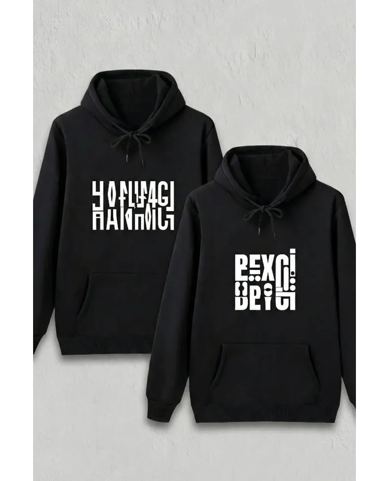 Sevgililer Günü Özel Kapüşonlu Beyci Baskılı Oversize Sweatshirt - Siyah