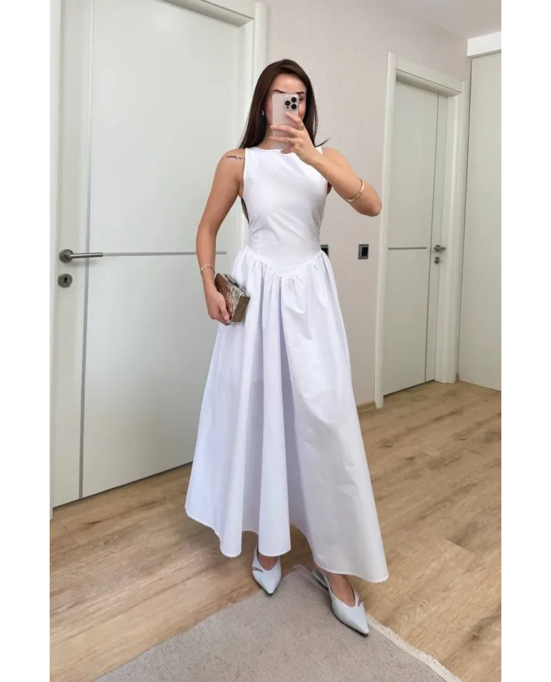 Sifir Kol Beli Oturtmalı Kolsuz Uzun Elbise - Beyaz
