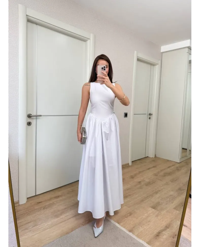 Sifir Kol Beli Oturtmalı Kolsuz Uzun Elbise - Beyaz