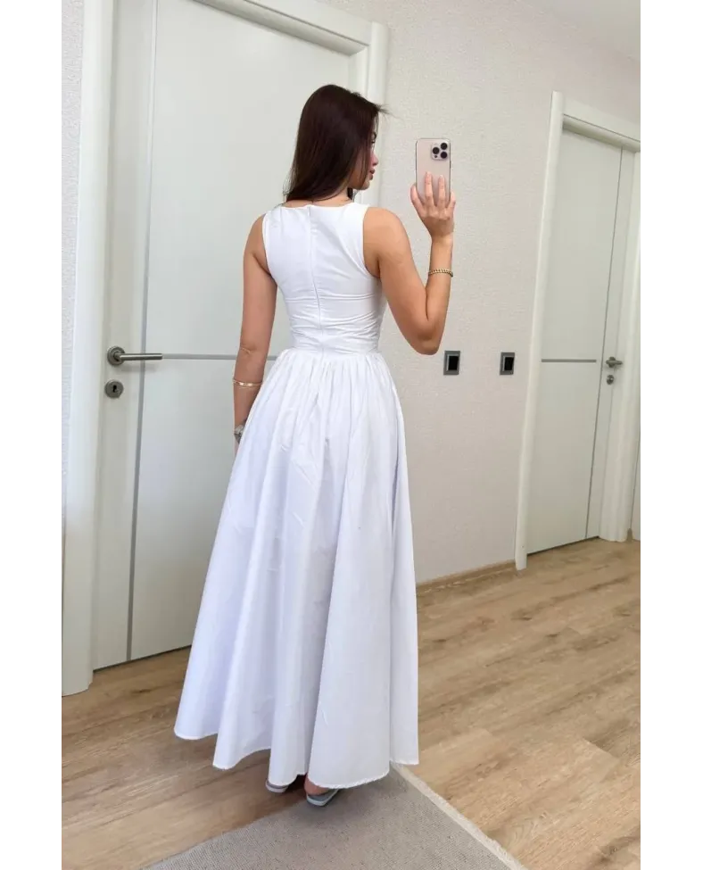 Sifir Kol Beli Oturtmalı Kolsuz Uzun Elbise - Beyaz