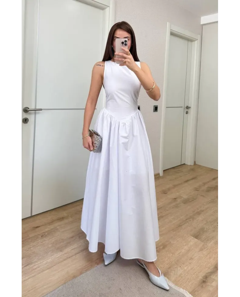 Sifir Kol Beli Oturtmalı Kolsuz Uzun Elbise - Beyaz