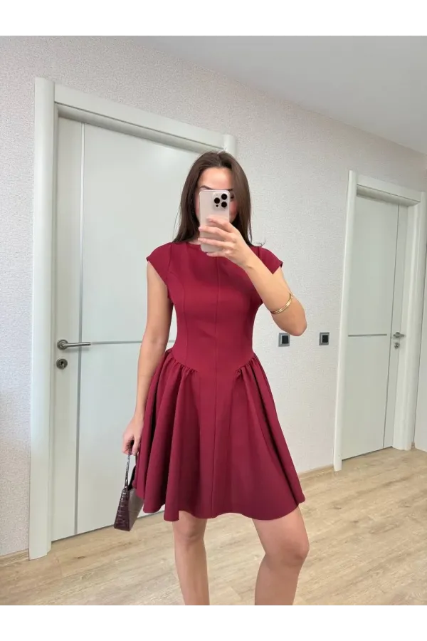 Sırt dekolteli Çan Detaylı Mini Elbise - Bordo
