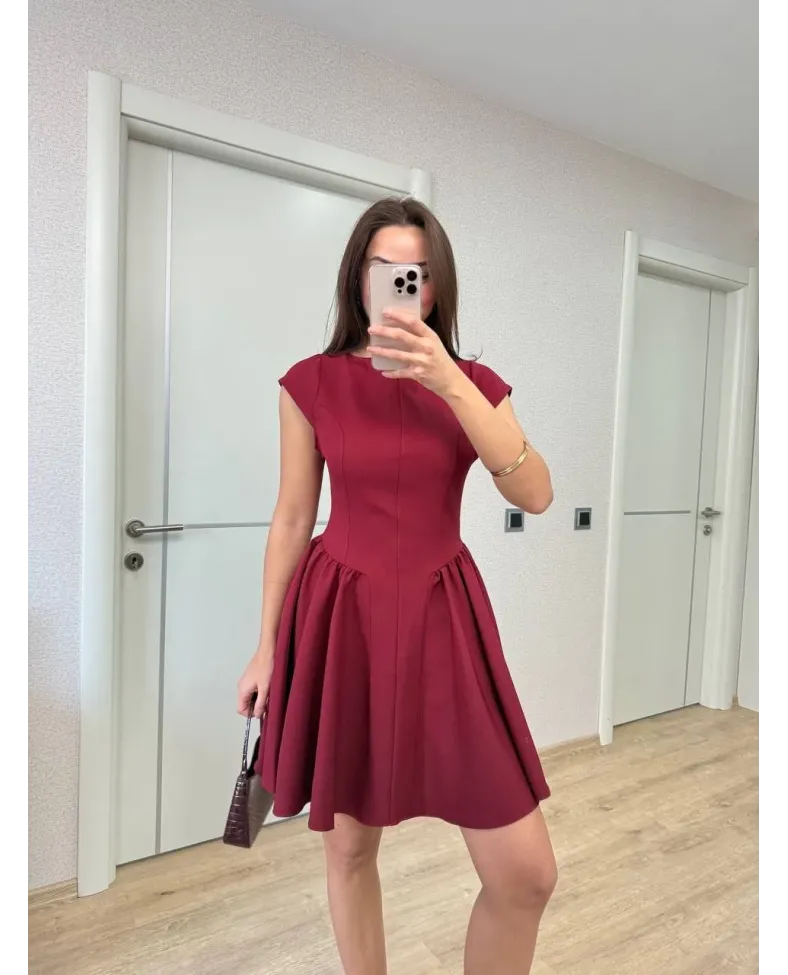 Sırt dekolteli Çan Detaylı Mini Elbise - Bordo