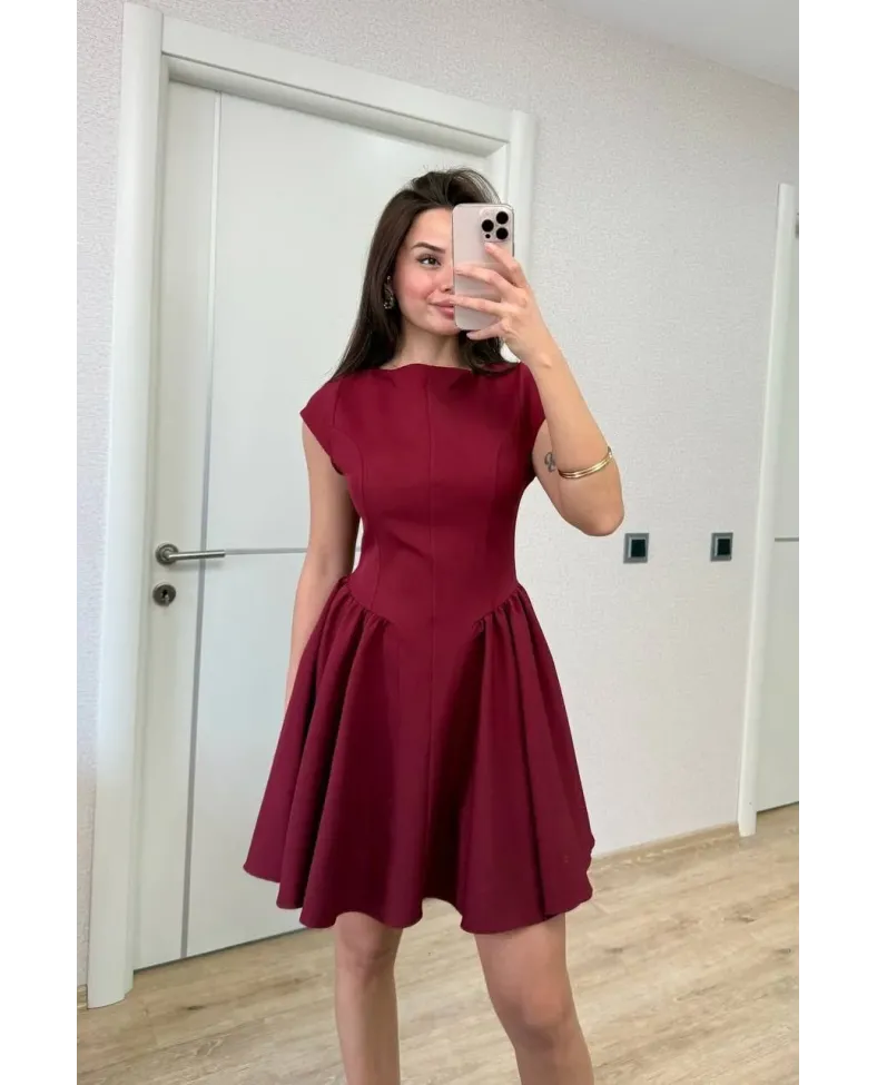 Sırt dekolteli Çan Detaylı Mini Elbise - Bordo