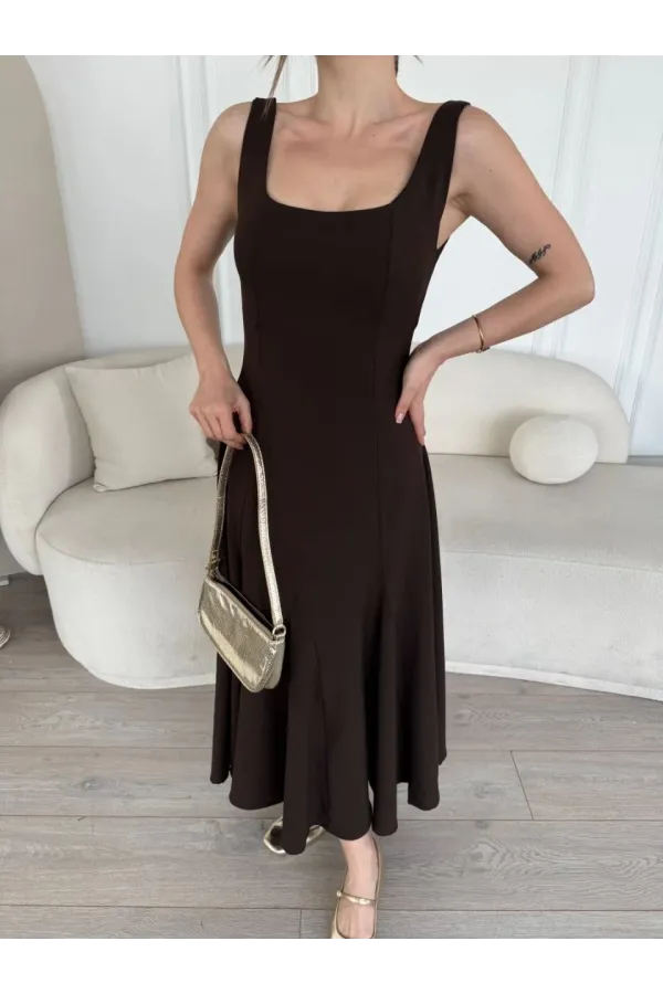 Sırt Dekolteli Kolsuz Uzun Elbise - Kahverengi