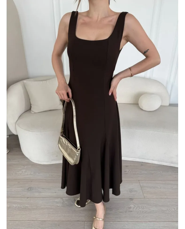 Sırt Dekolteli Kolsuz Uzun Elbise - Kahverengi