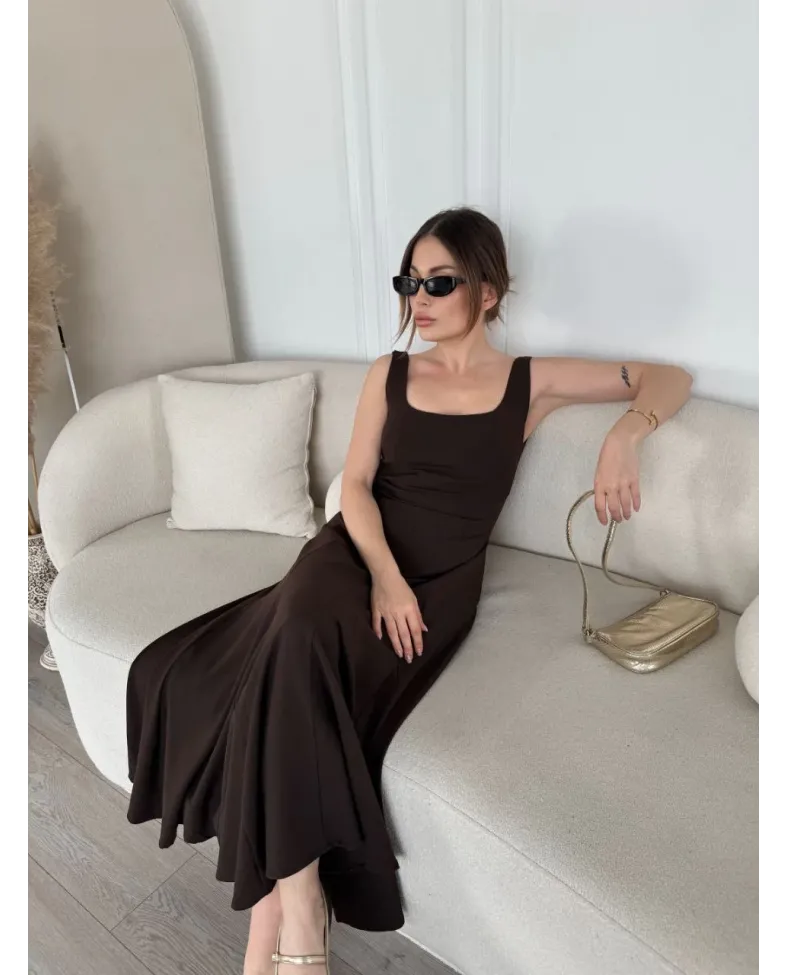 Sırt Dekolteli Kolsuz Uzun Elbise - Kahverengi