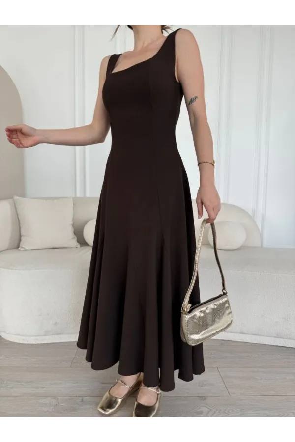 Sırt Dekolteli Kolsuz Uzun Elbise - Kahverengi