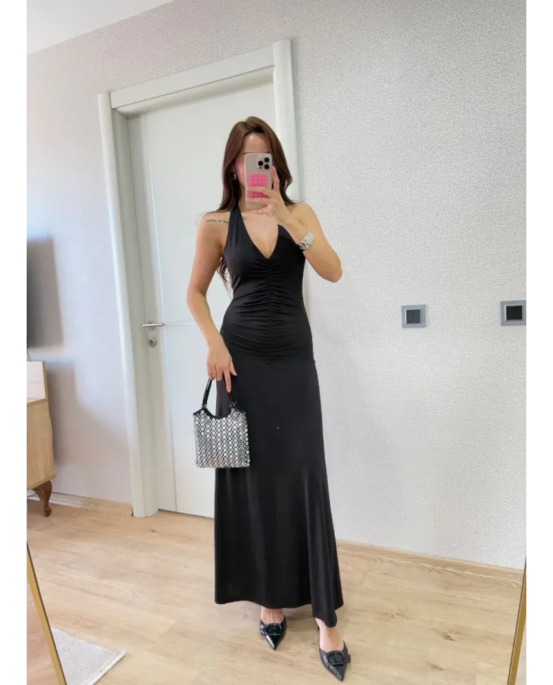 Sırt dekolteli Uzun Elbise - Siyah