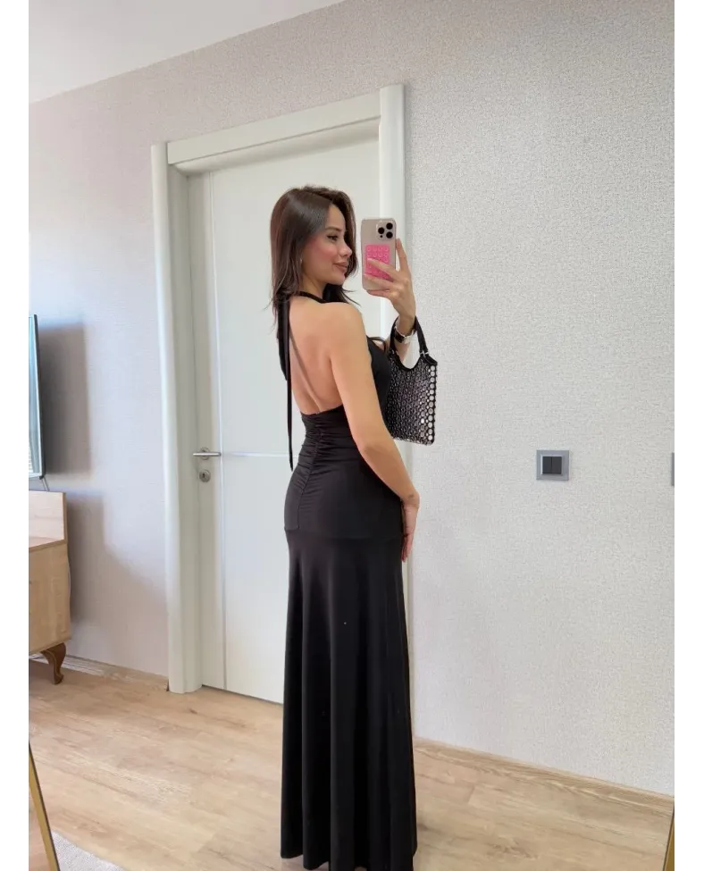 Sırt dekolteli Uzun Elbise - Siyah