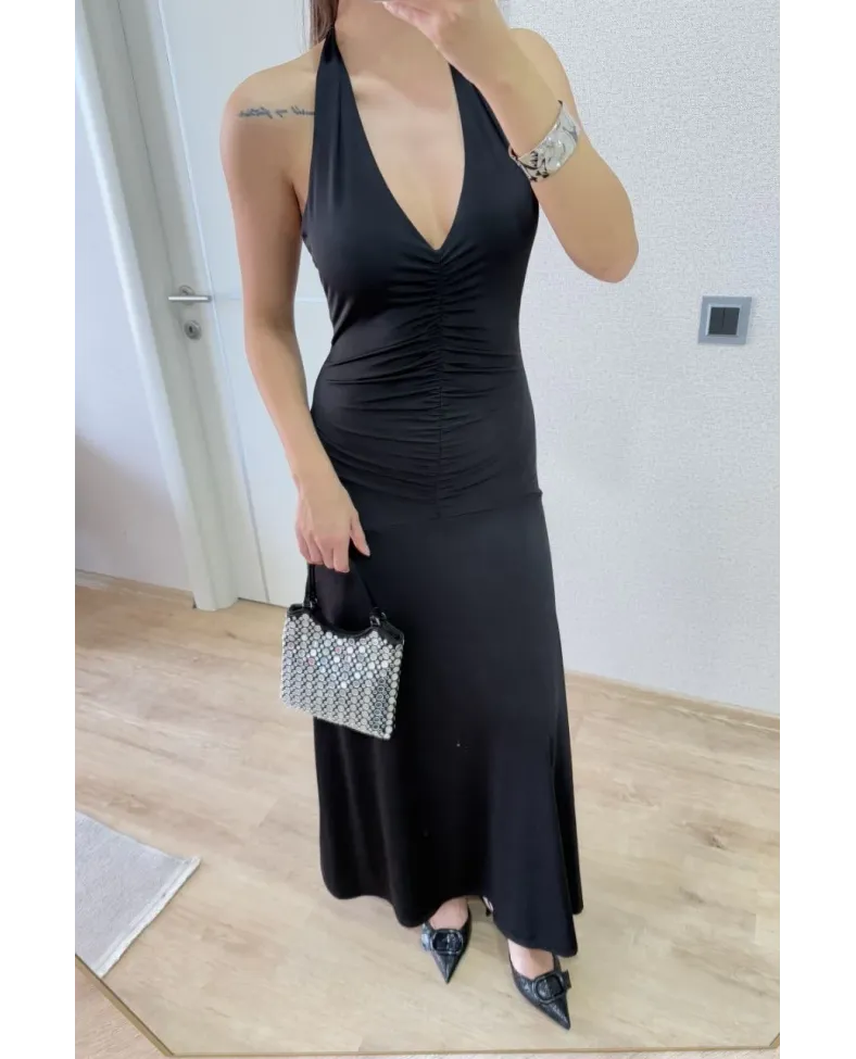 Sırt dekolteli Uzun Elbise - Siyah