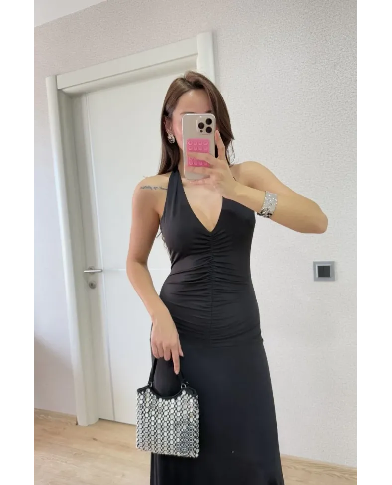 Sırt dekolteli Uzun Elbise - Siyah