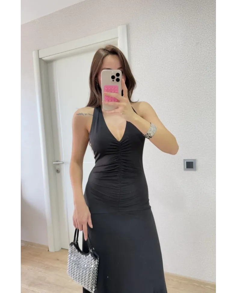 Sırt dekolteli Uzun Elbise - Siyah