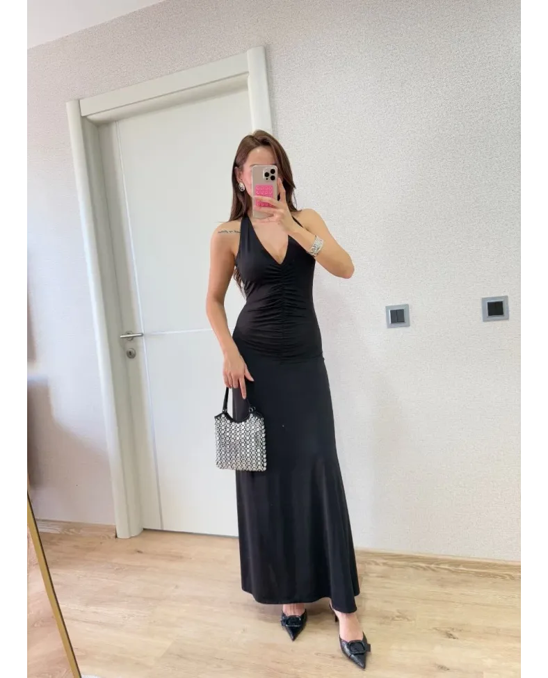 Sırt dekolteli Uzun Elbise - Siyah