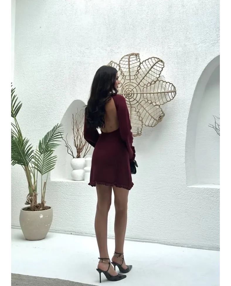 Sırt Pencereli Mini Triko Elbise - Bordo