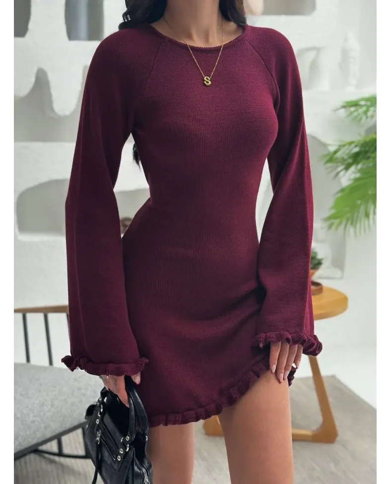 Sırt Pencereli Mini Triko Elbise - Bordo