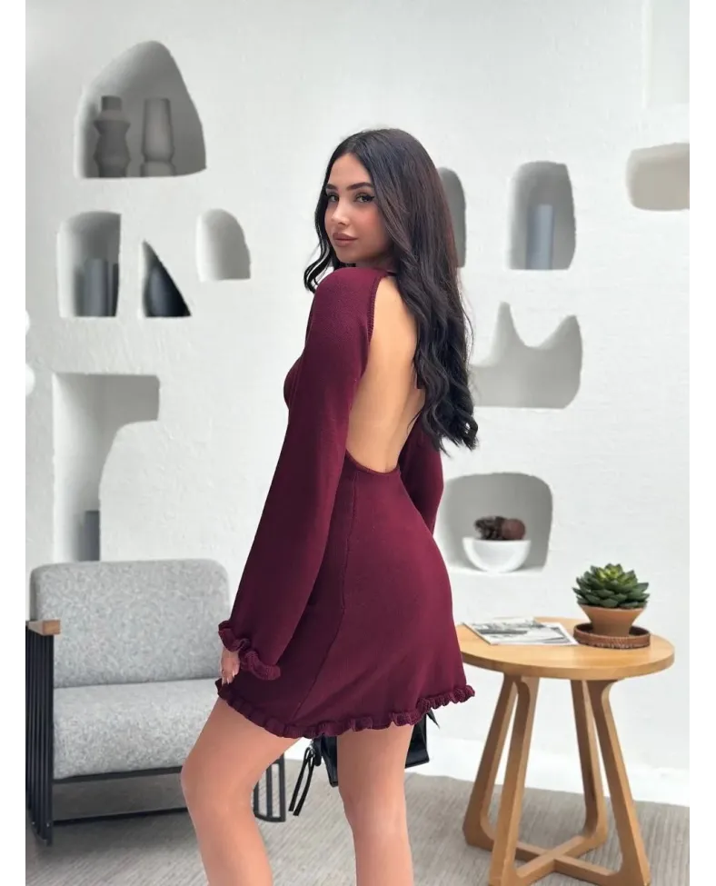 Sırt Pencereli Mini Triko Elbise - Bordo