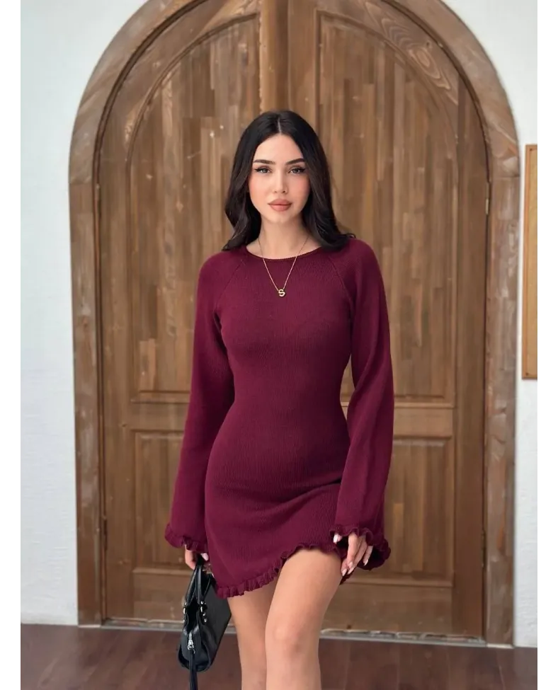 Sırt Pencereli Mini Triko Elbise - Bordo