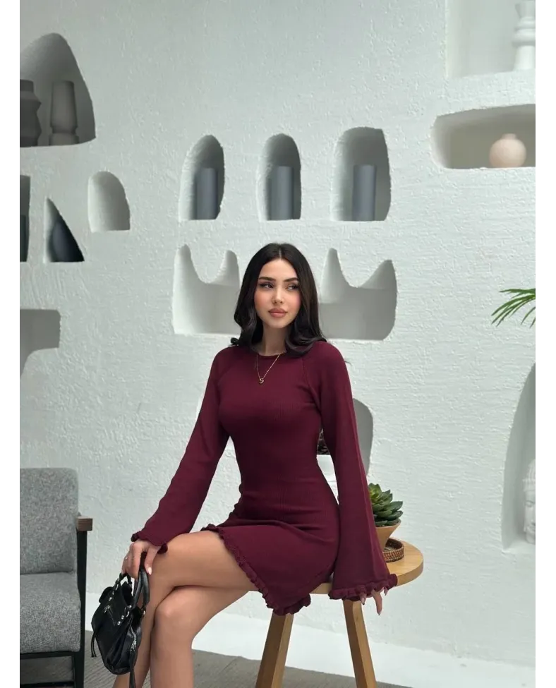 Sırt Pencereli Mini Triko Elbise - Bordo