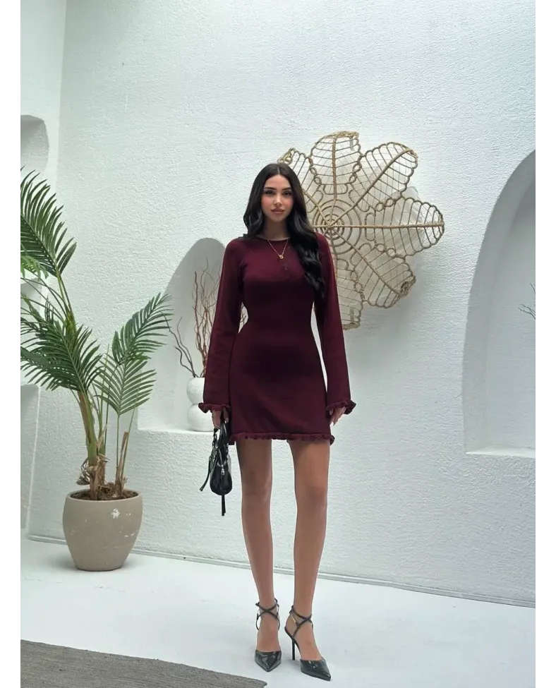 Sırt Pencereli Mini Triko Elbise - Bordo