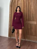 Sırt Pencereli Mini Triko Elbise - Bordo