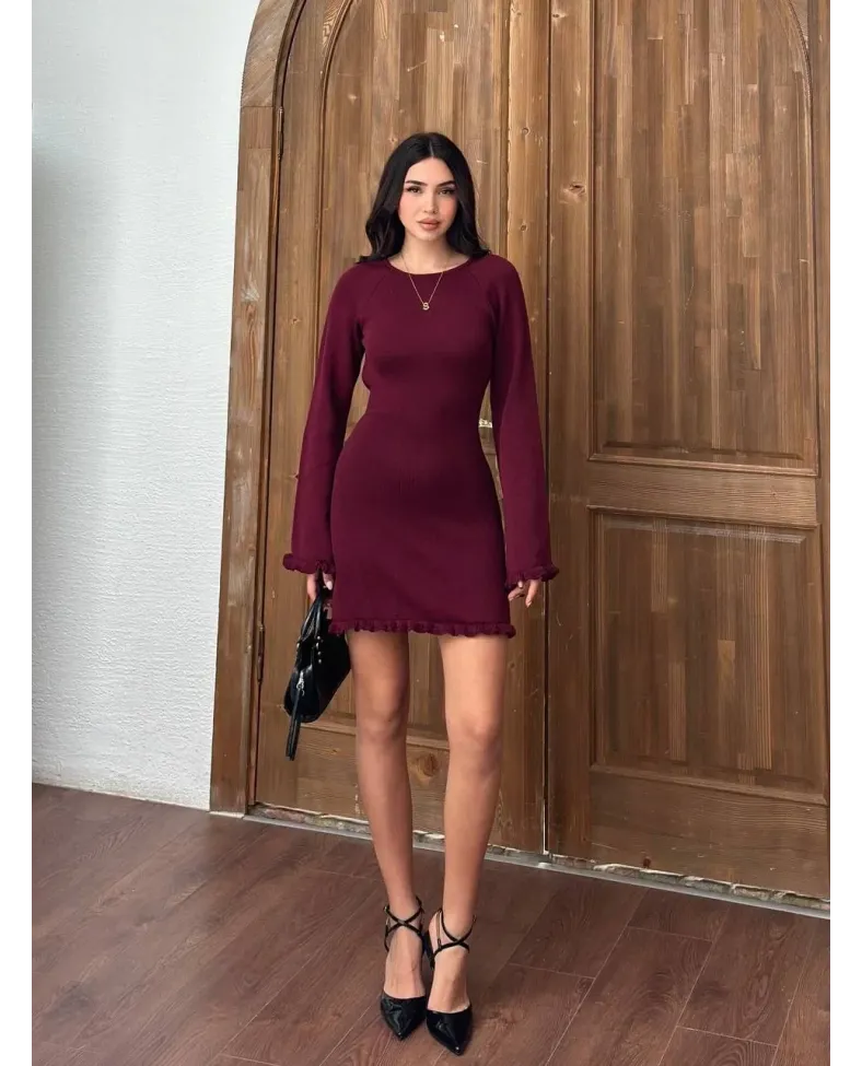 Sırt Pencereli Mini Triko Elbise - Bordo