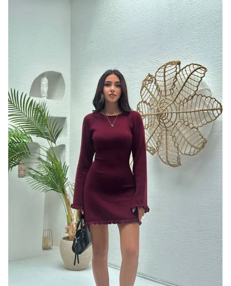 Sırt Pencereli Mini Triko Elbise - Bordo