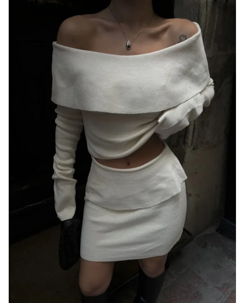 Straplez , Madonna , Carmen Yaka Croplu Mini Etekli ikili Takım Triko - Beyaz