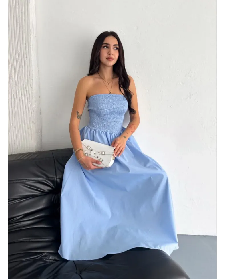 Straplez Pileli Elbise - Açık Mavi