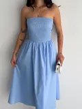 Straplez Pileli Elbise - Açık Mavi