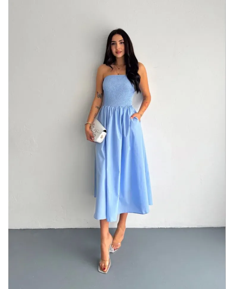 Straplez Pileli Elbise - Açık Mavi