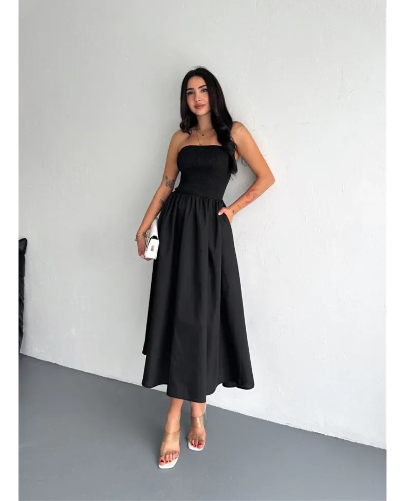 Kadın Straplez Pileli Elbise - Siyah