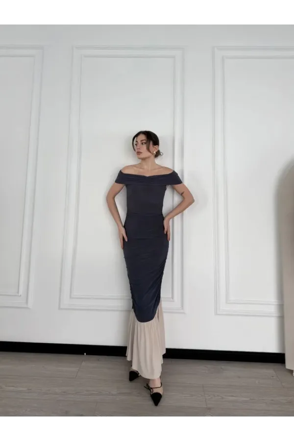 Striptiz Omuzlu Uzun Elbise- Füme
