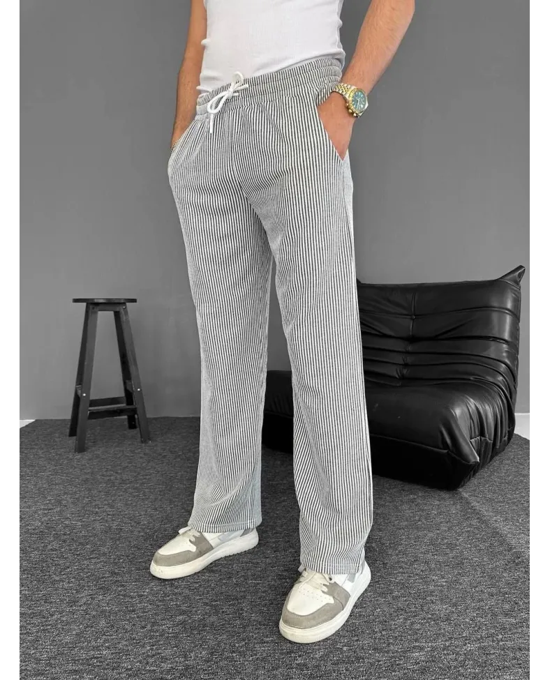 Su Yolu Çizgili Cepli Pantalon Yazlık - Gri