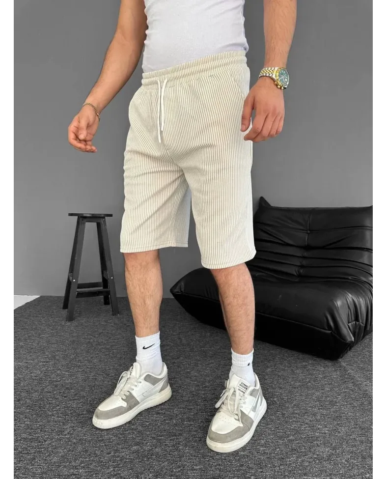 Su Yolu Çizgili Ön Arka Cepli Şort Yazlık Nefes Alabilir - Bej