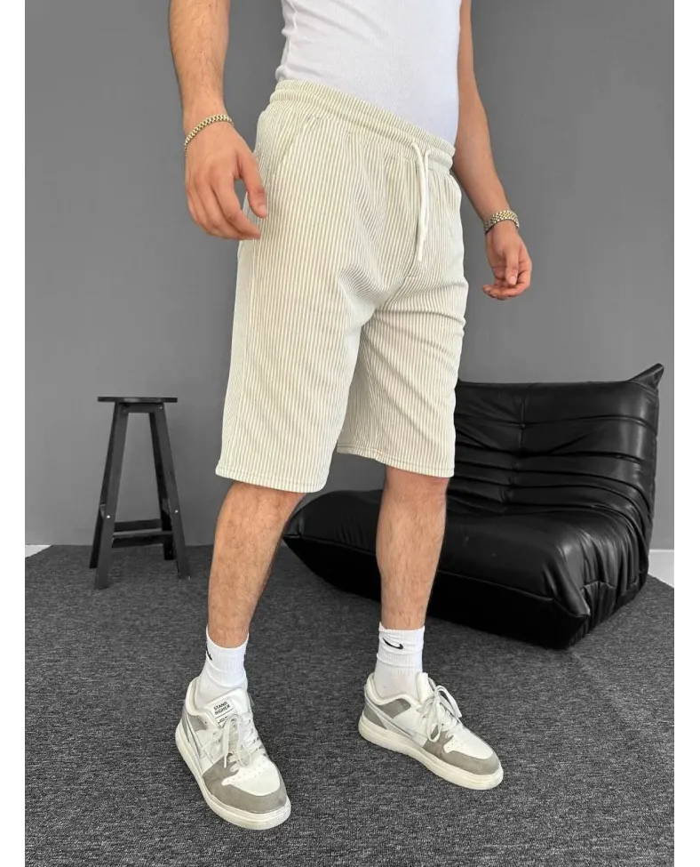 Su Yolu Çizgili Ön Arka Cepli Şort Yazlık Nefes Alabilir - Bej