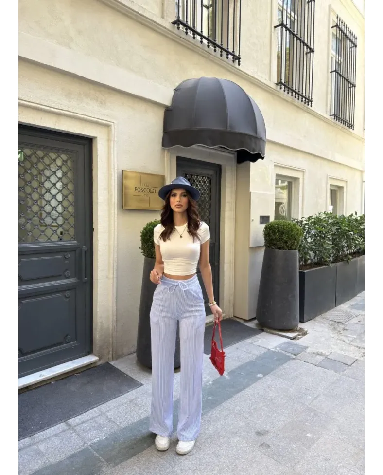 Su Yolu Çizgili kolay Kombinle Ne Bilir Cepli Pantolon - Açık Mavi