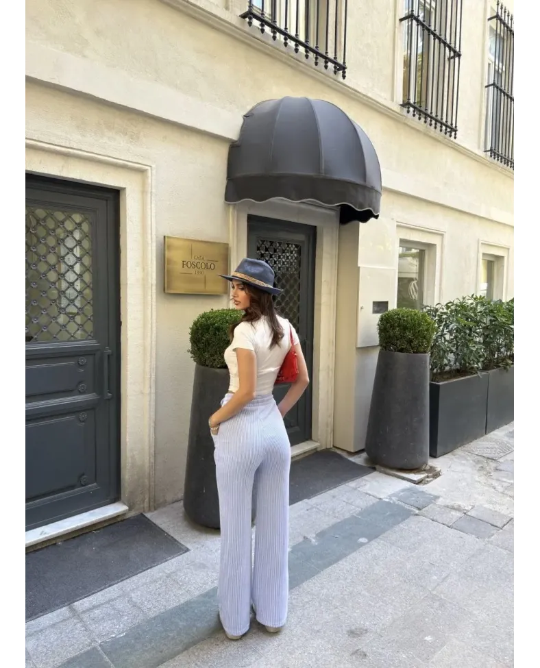 Su Yolu Çizgili kolay Kombinle Ne Bilir Cepli Pantolon - Açık Mavi