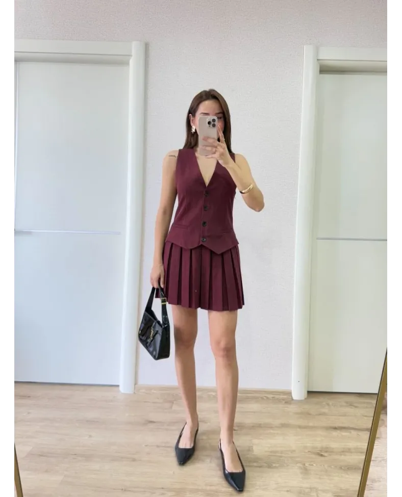 Keten Takım Görünümlü Düğme Detaylı Yelekli Mini Elbise - Bordo