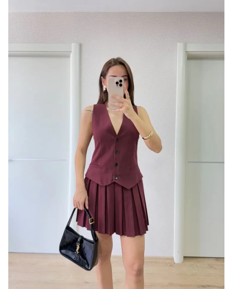 Keten Takım Görünümlü Düğme Detaylı Yelekli Mini Elbise - Bordo